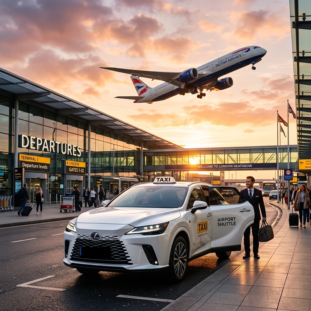 Sultan Taxi luxury white SUV parked outside London airport departures terminal as airplane takes off