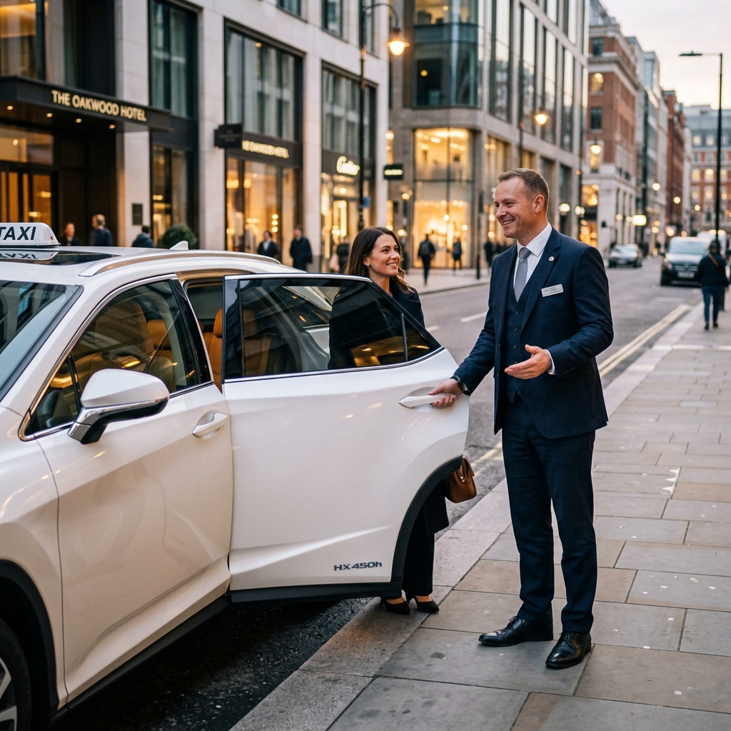 Friendly professional driver opening luxury hybrid taxi door for passenger outside a building