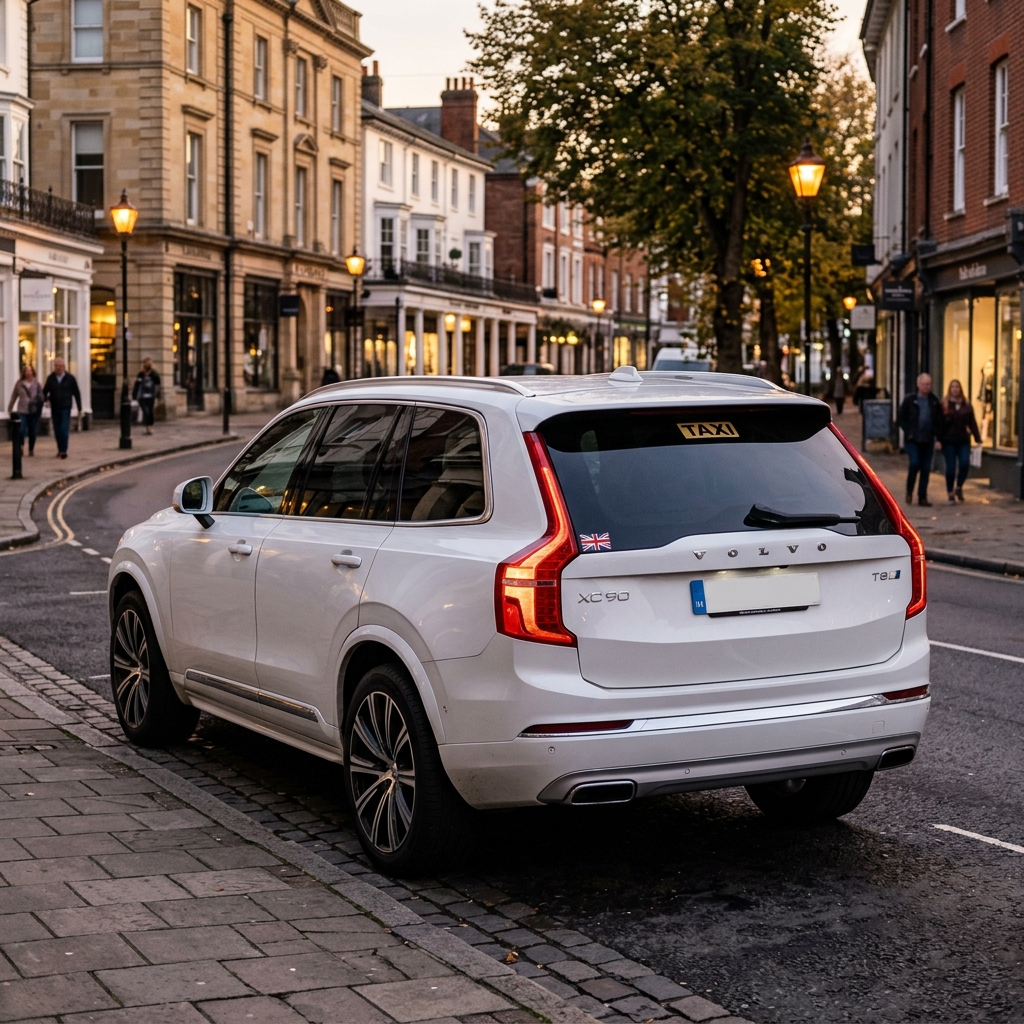 Sultan Taxi premium white hybrid SUV rear view parked