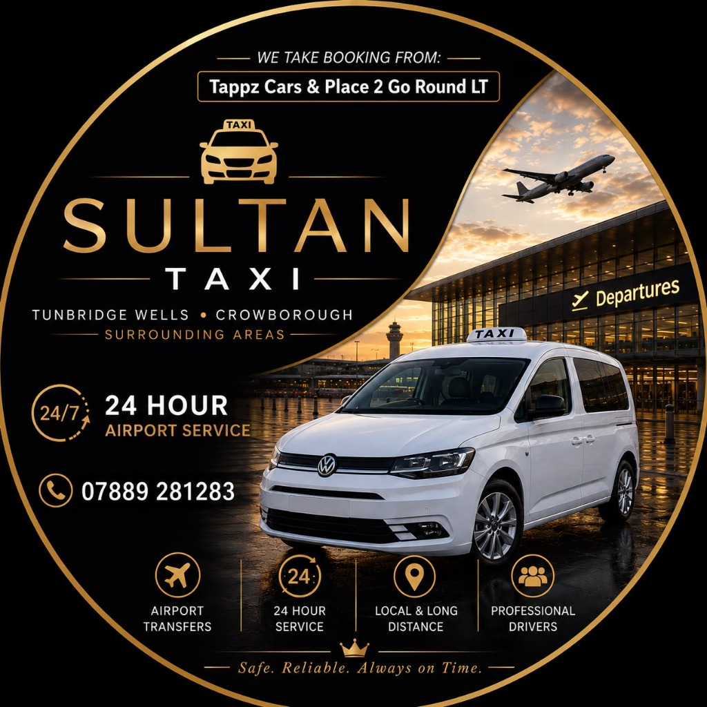 Sultan Taxi Brand Logo Circular Flyer showing call number 07889 281283