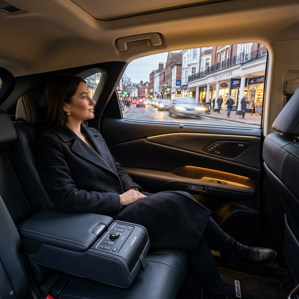 Passenger view of a clean premium hybrid SUV interior cabin showing leather seats and Tunbridge Wells street out of window
